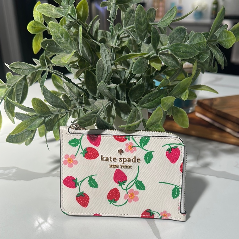 Kate Spade White Card Holder with Red Strawberry Print